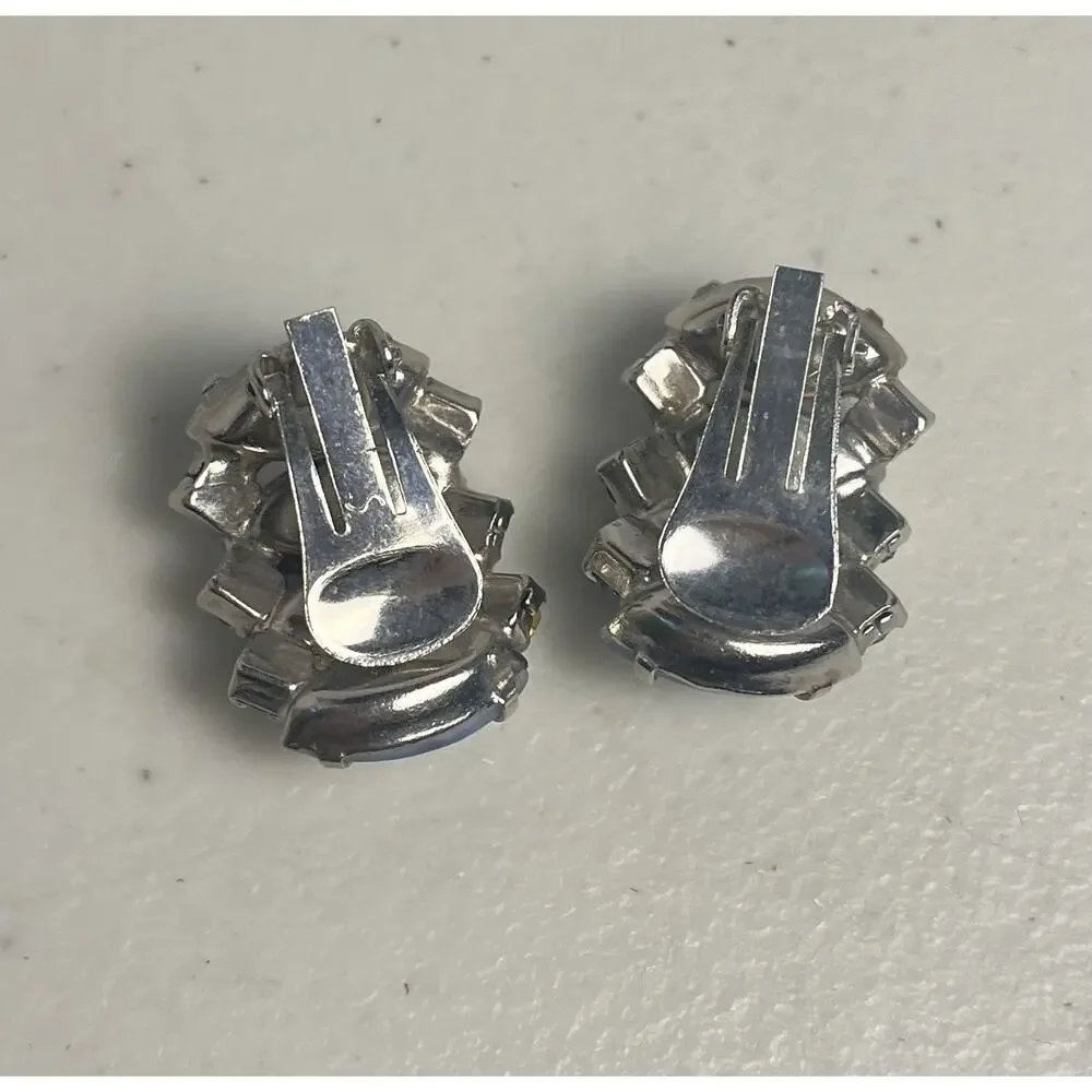 Blue Moonstone Art Glass Rhinestone Clip On Earrings 50s 60s Vintage MCM Mod